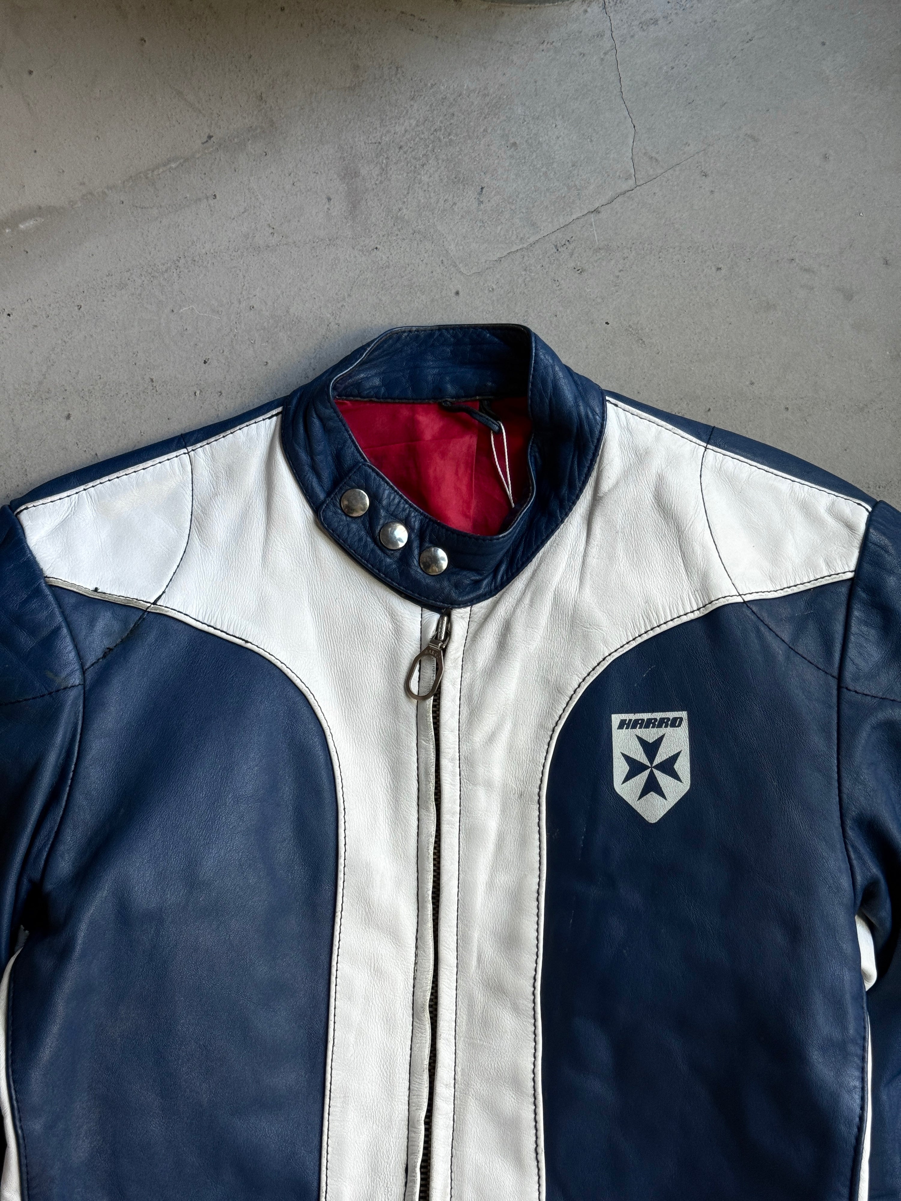 Vintage 1970s Harro Racing Biker Leather Jacket White / Navy - XS