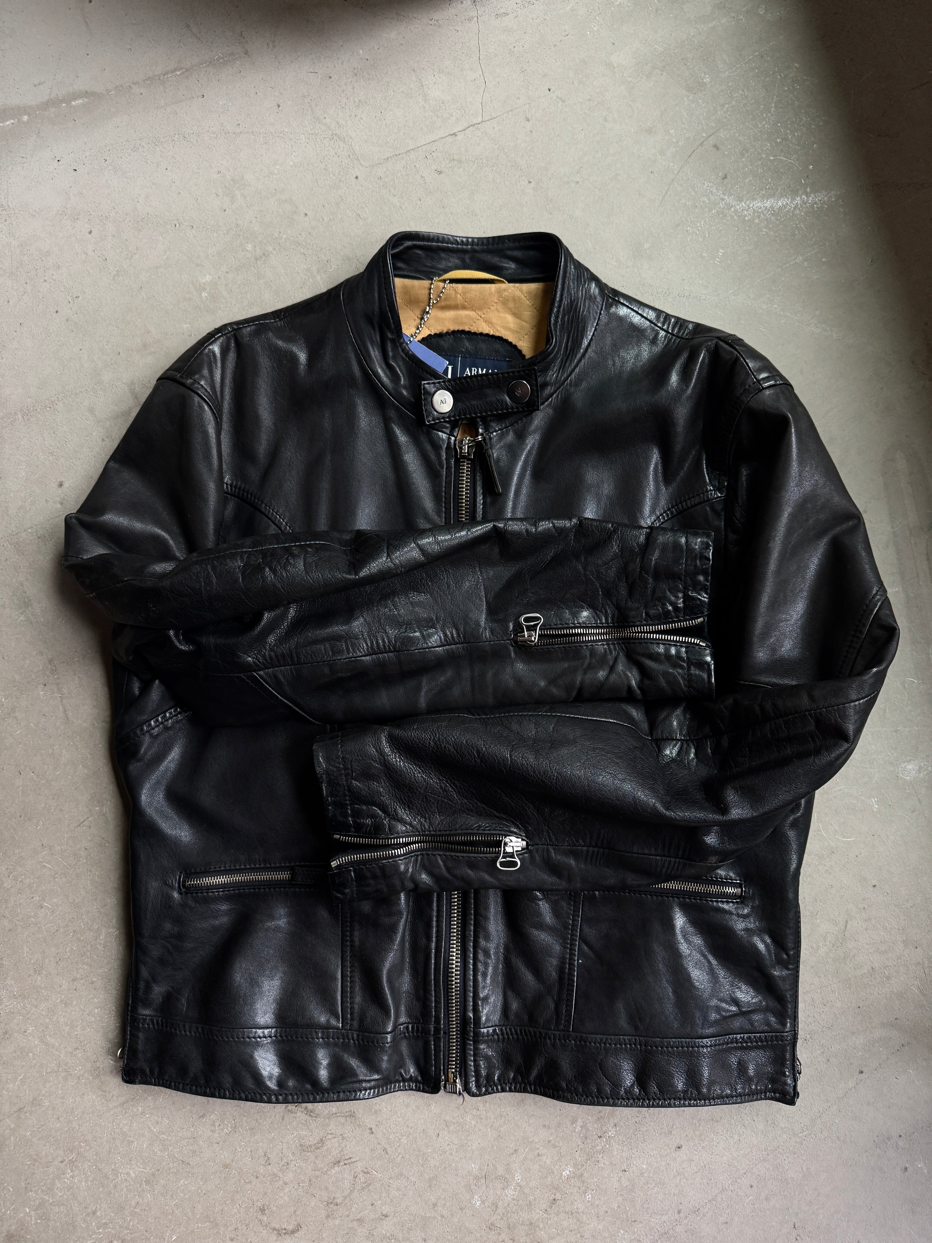 Vintage 2000s Armani Jeans Leather Biker Jacket Black - M