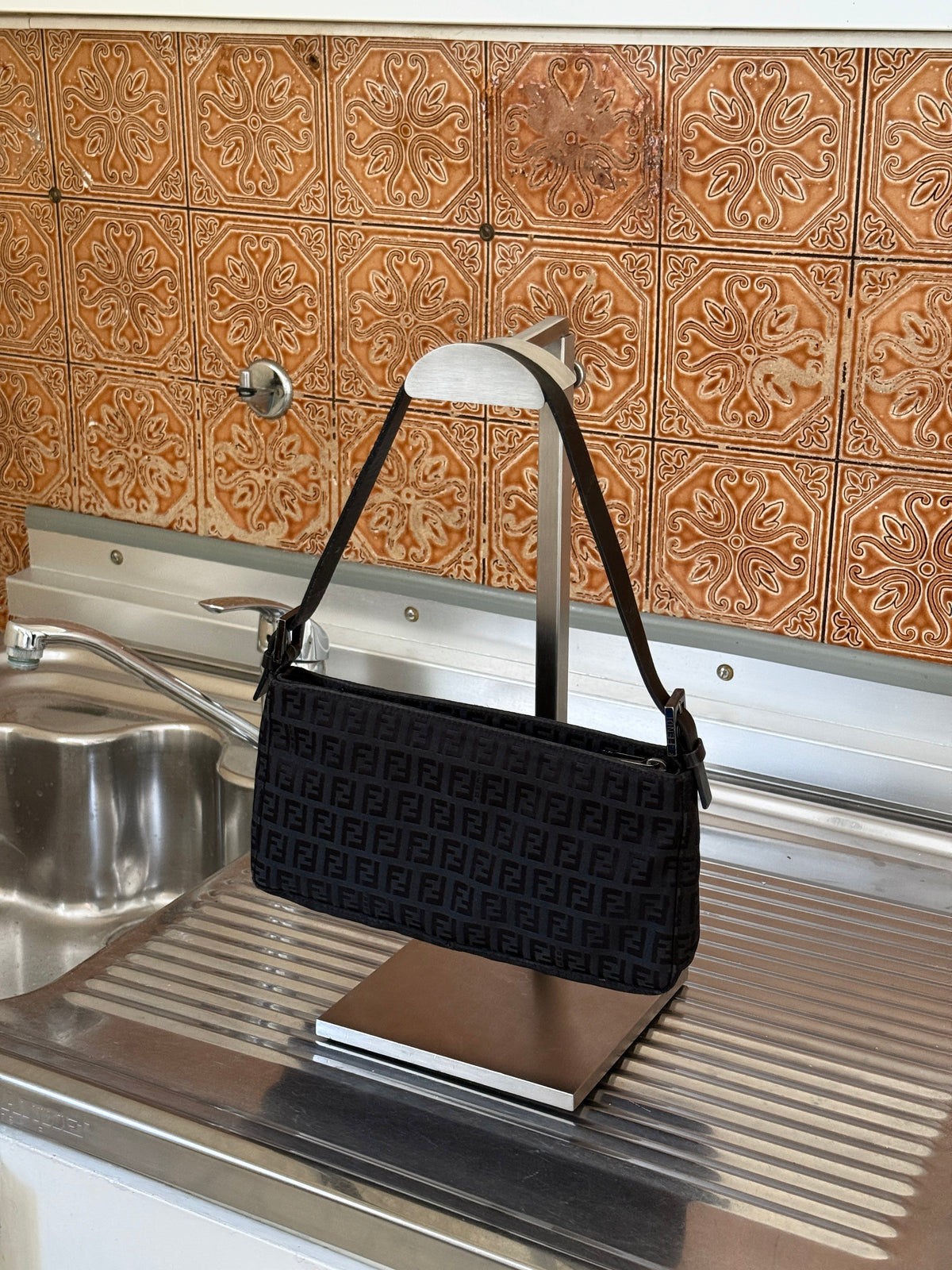 Vintage Fendi FF Zucchino Canvas Pochette Black Shoulder Bag