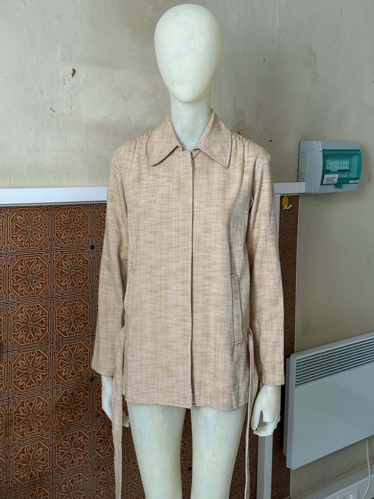 Dries Van Noten Belted Textured Melange Beige Shirt Jacket - S