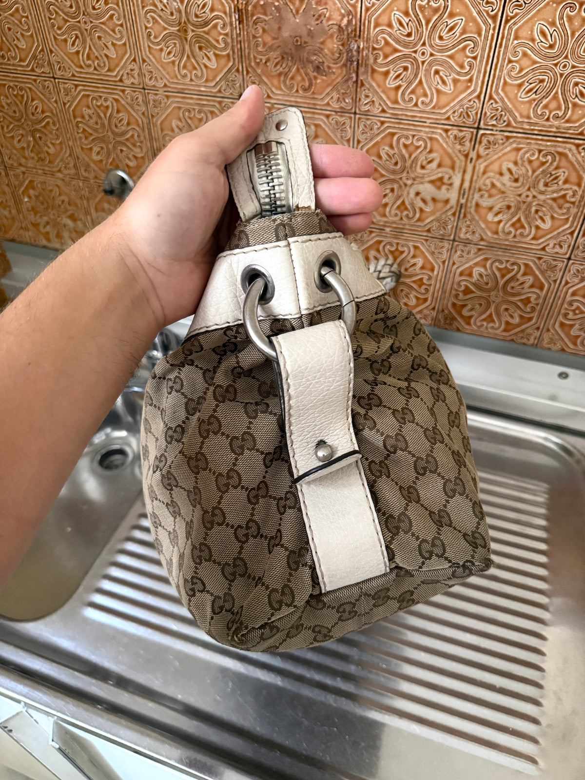 Gucci GG Bamboo Bar Medium Monogram White Shoulder Bag