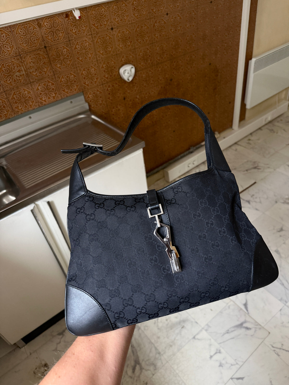 Vintage Gucci GG Canvas Monogram Black Jackie 1961 Hobo Bag