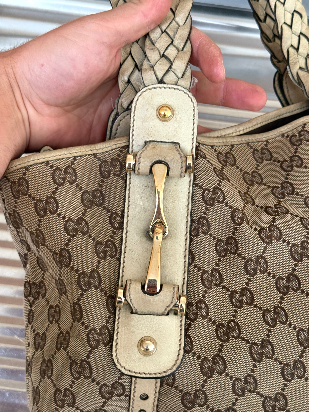 Gucci Beige GG Canvas Pelham Medium Horsebit Tote Bag