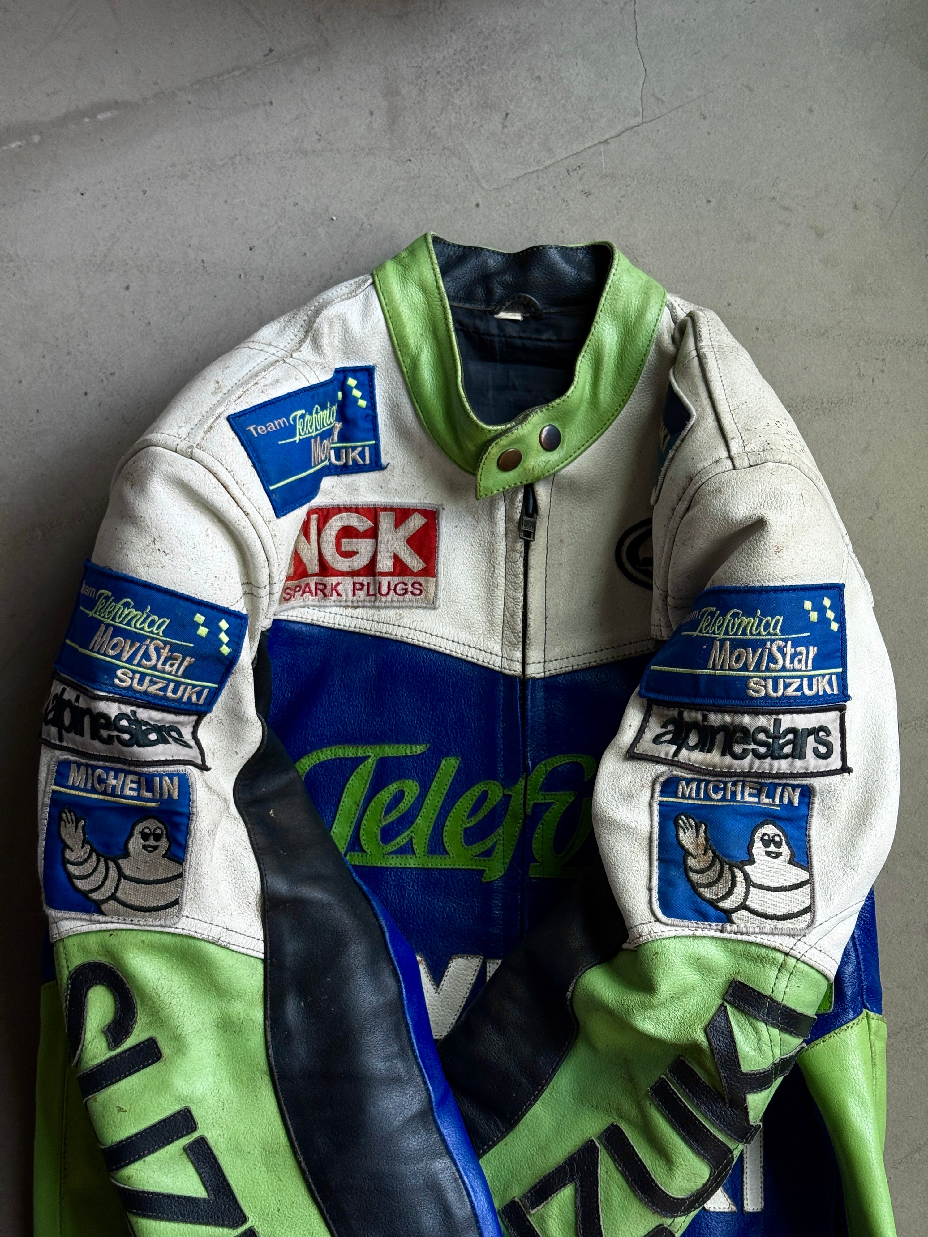 Vintage Suzuki Movi Star Racing Biker Leather Jacket Green / Blue - M