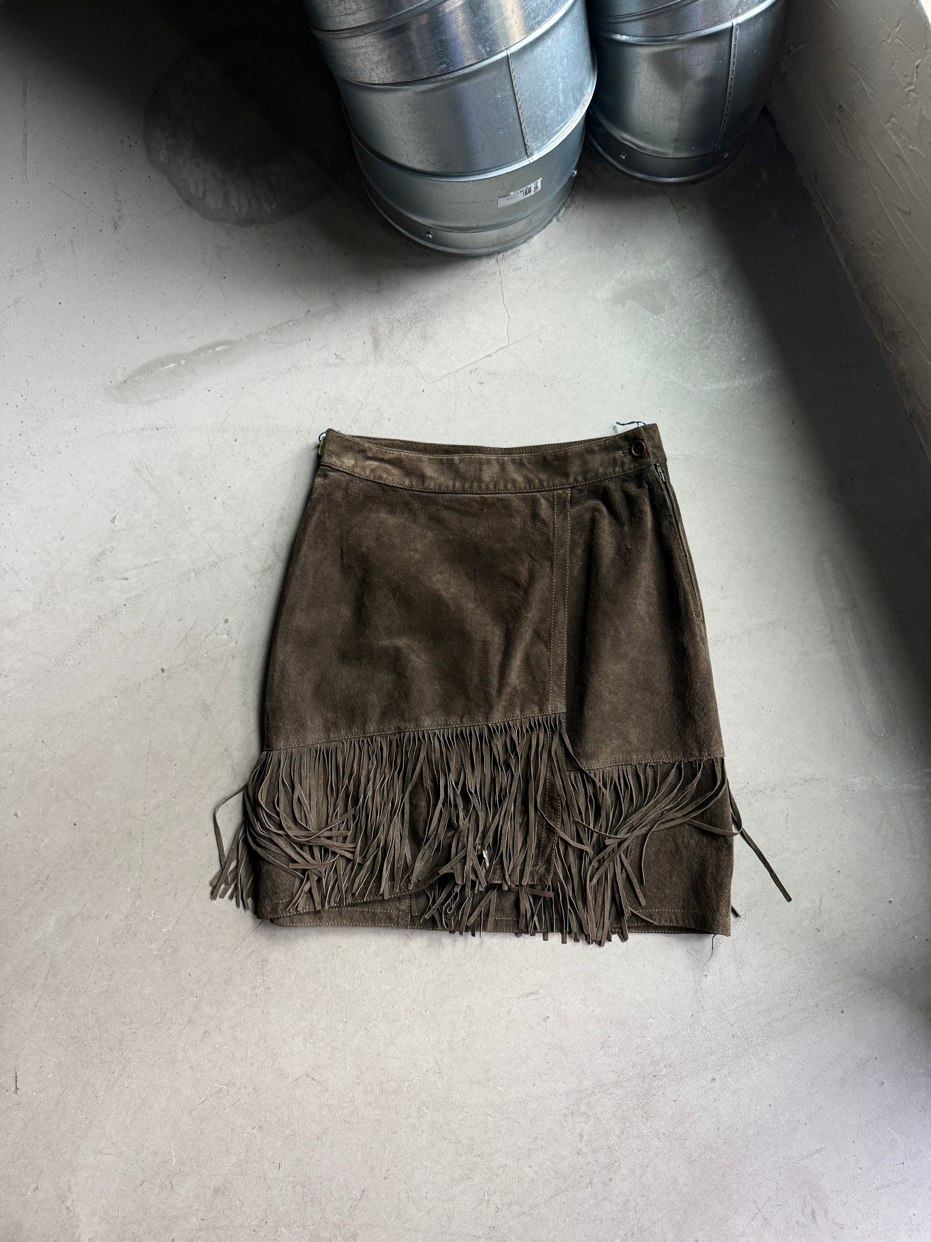 Vintage Conbipel Suede Fringed Leather Knee Skirt Brown - W30
