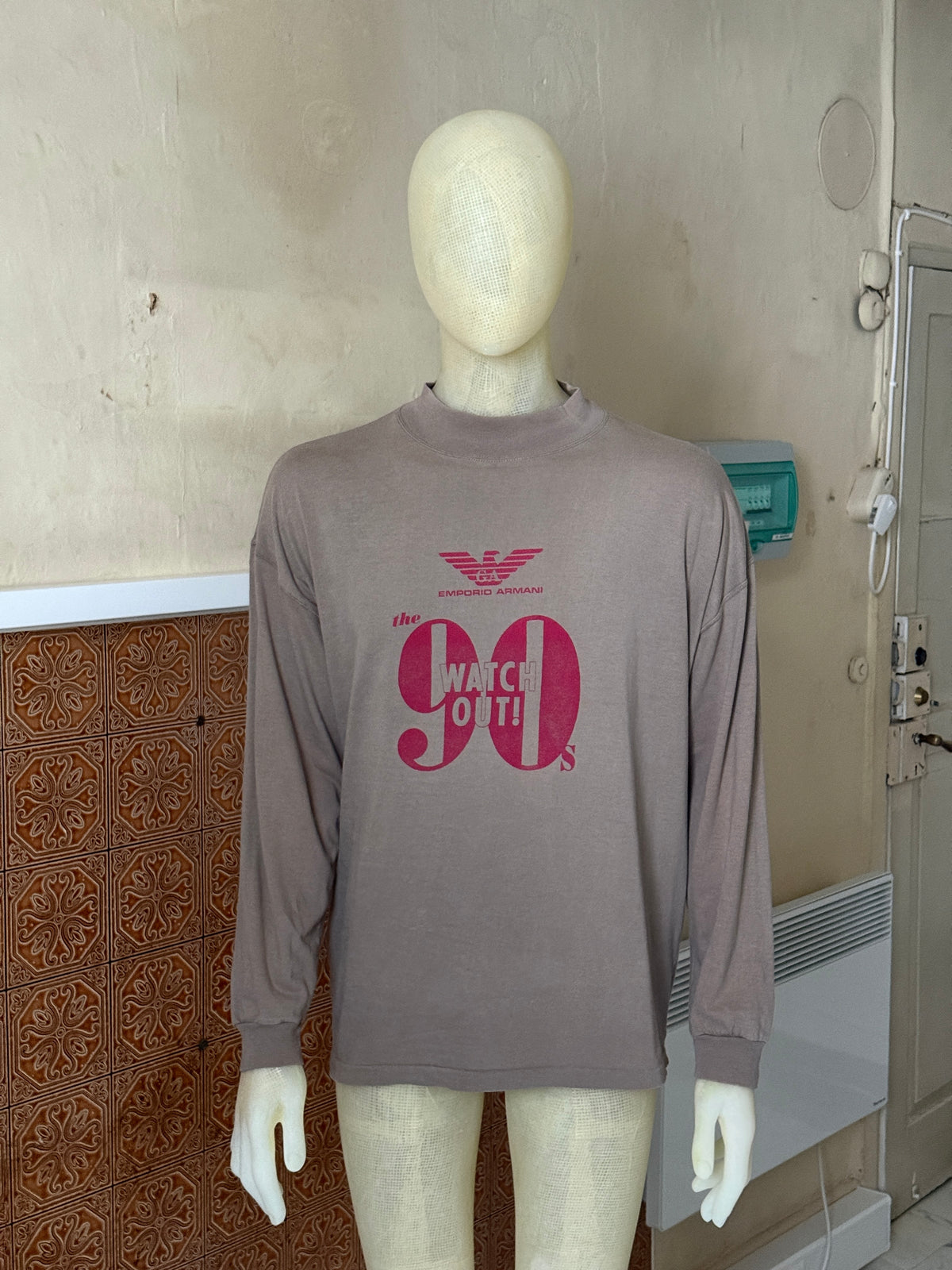 Vintage 1990s “The 90s Watch Out” Emporio Armani Taupe Longsleeve Shirt - L