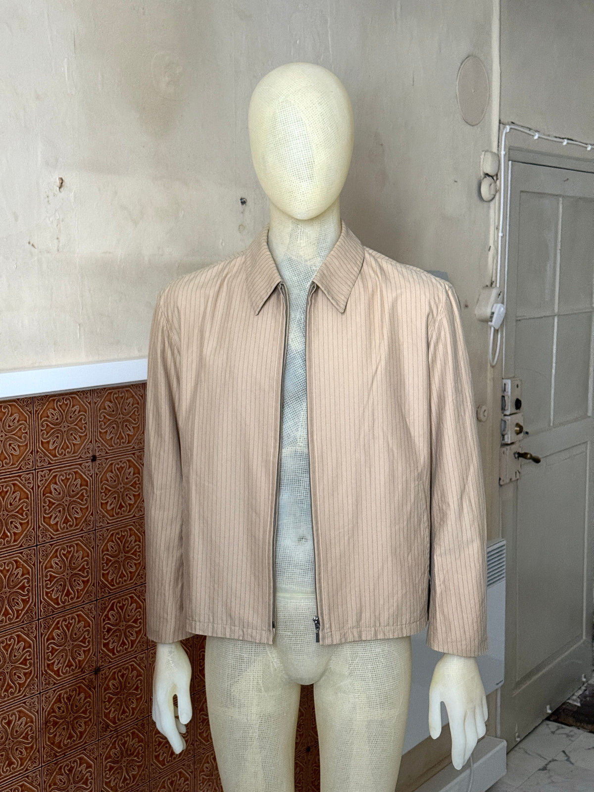 Vintage Tan Dunhill Pinstriped Harrington Jacket - L