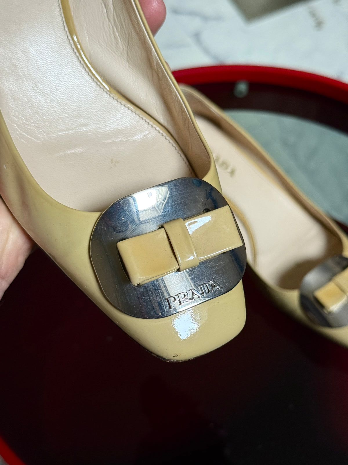 Vintage Beige Prada Bow Patent Leather Block Heel Pumps - EU 38.5