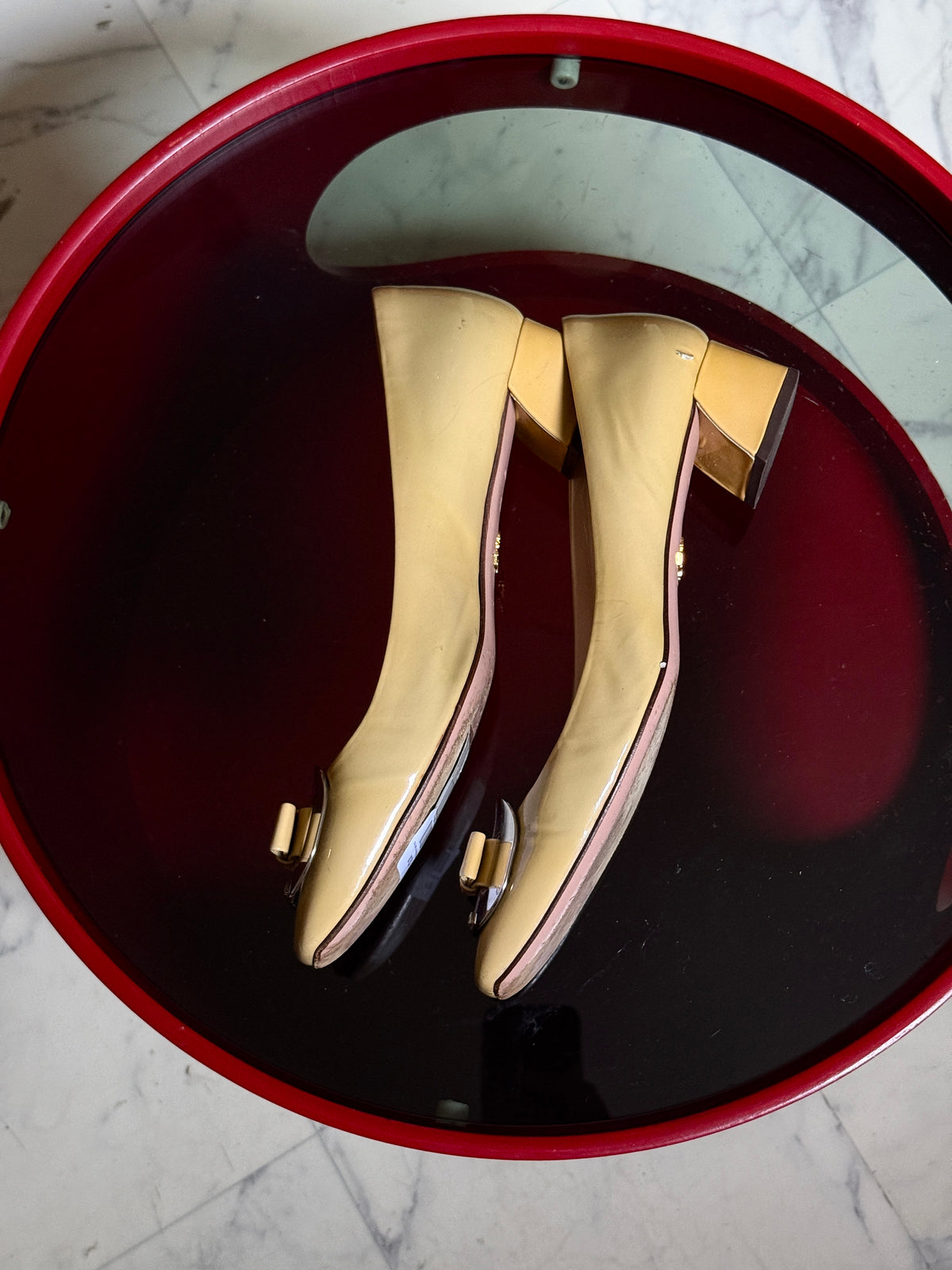 Vintage Beige Prada Bow Patent Leather Block Heel Pumps - EU 38.5
