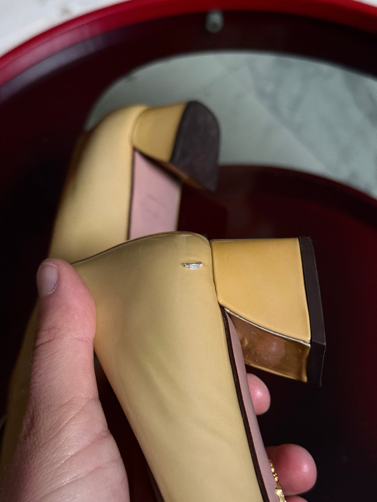 Vintage Beige Prada Bow Patent Leather Block Heel Pumps - EU 38.5