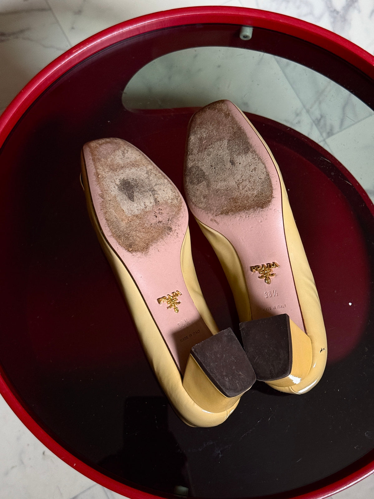 Vintage Beige Prada Bow Patent Leather Block Heel Pumps - EU 38.5
