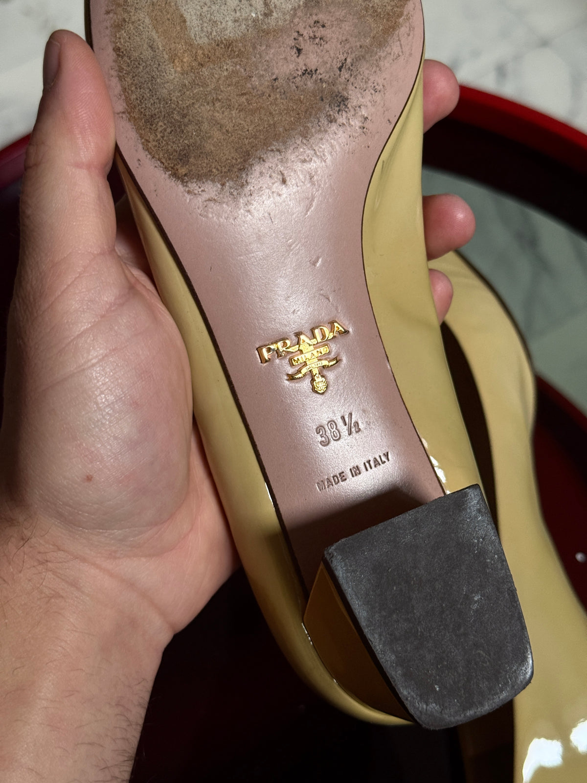 Vintage Beige Prada Bow Patent Leather Block Heel Pumps - EU 38.5