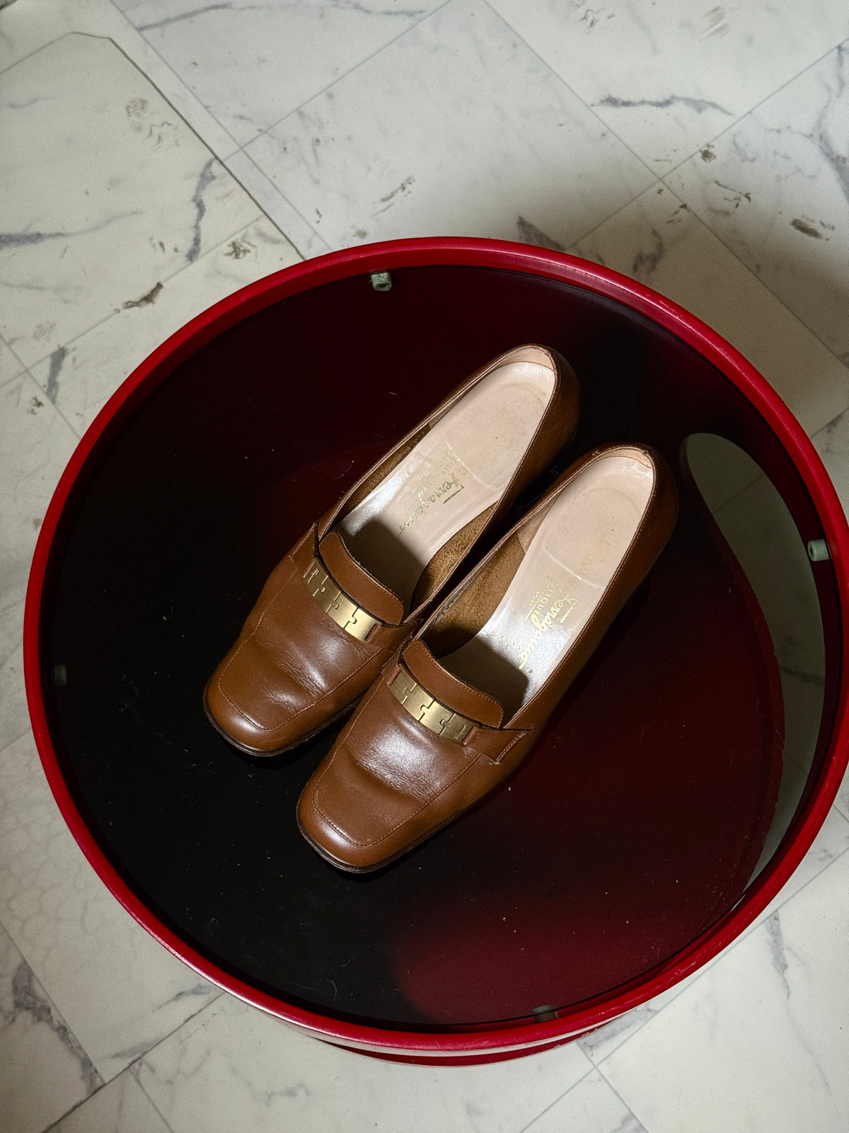Vintage Brown Salvatore Ferragamo Square Toe Leather Pumps (with box) - EU 39