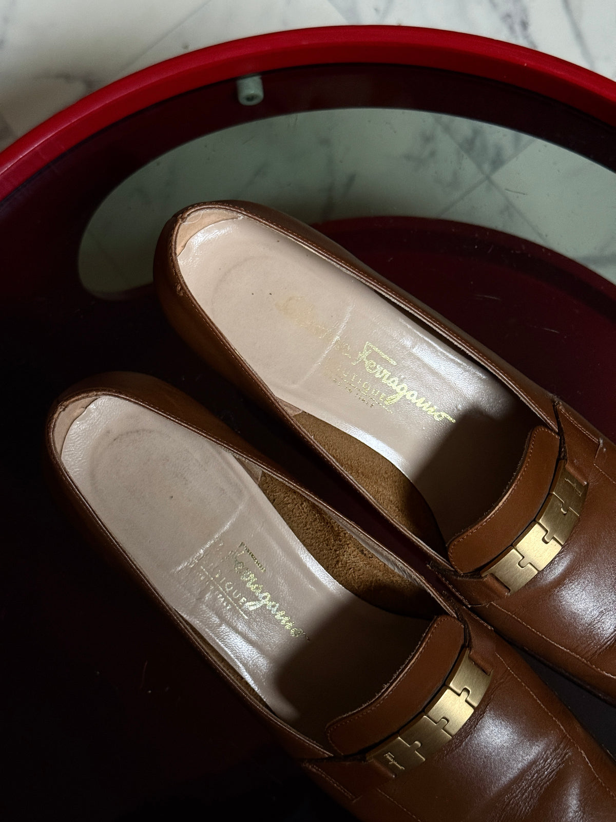 Vintage Brown Salvatore Ferragamo Square Toe Leather Pumps (with box) - EU 39