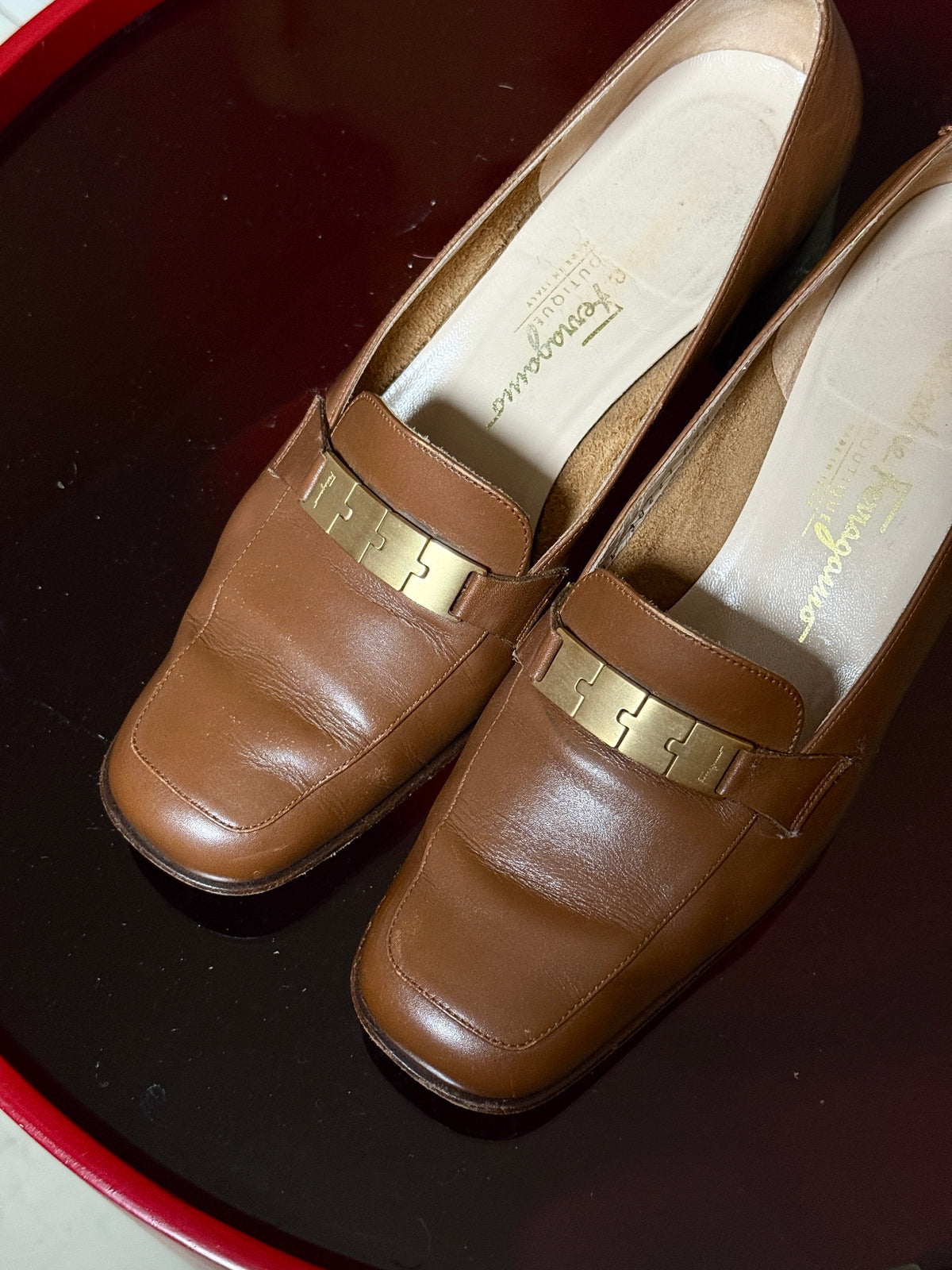 Vintage Brown Salvatore Ferragamo Square Toe Leather Pumps (with box) - EU 39