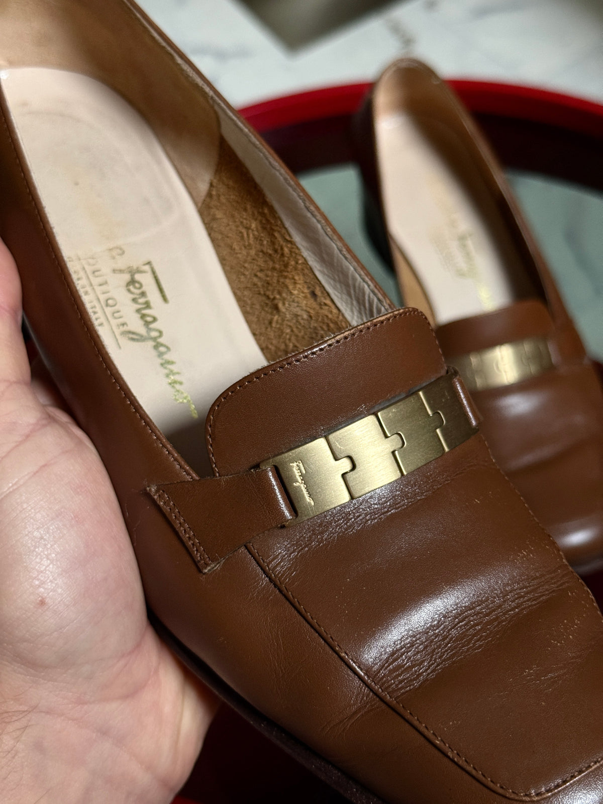 Vintage Brown Salvatore Ferragamo Square Toe Leather Pumps (with box) - EU 39
