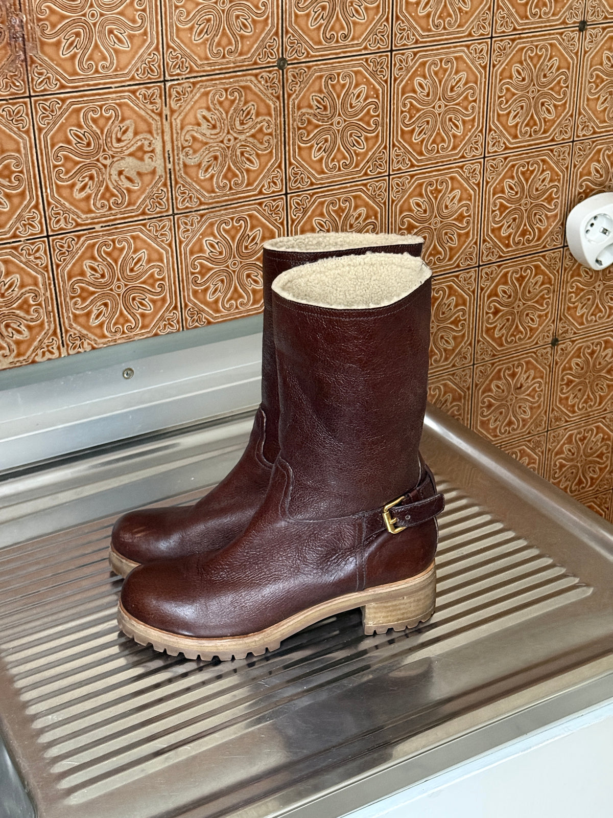 2000s Prada Brown Distressed Leather Engineer Boots with Faux Shearling Lining – EU 39