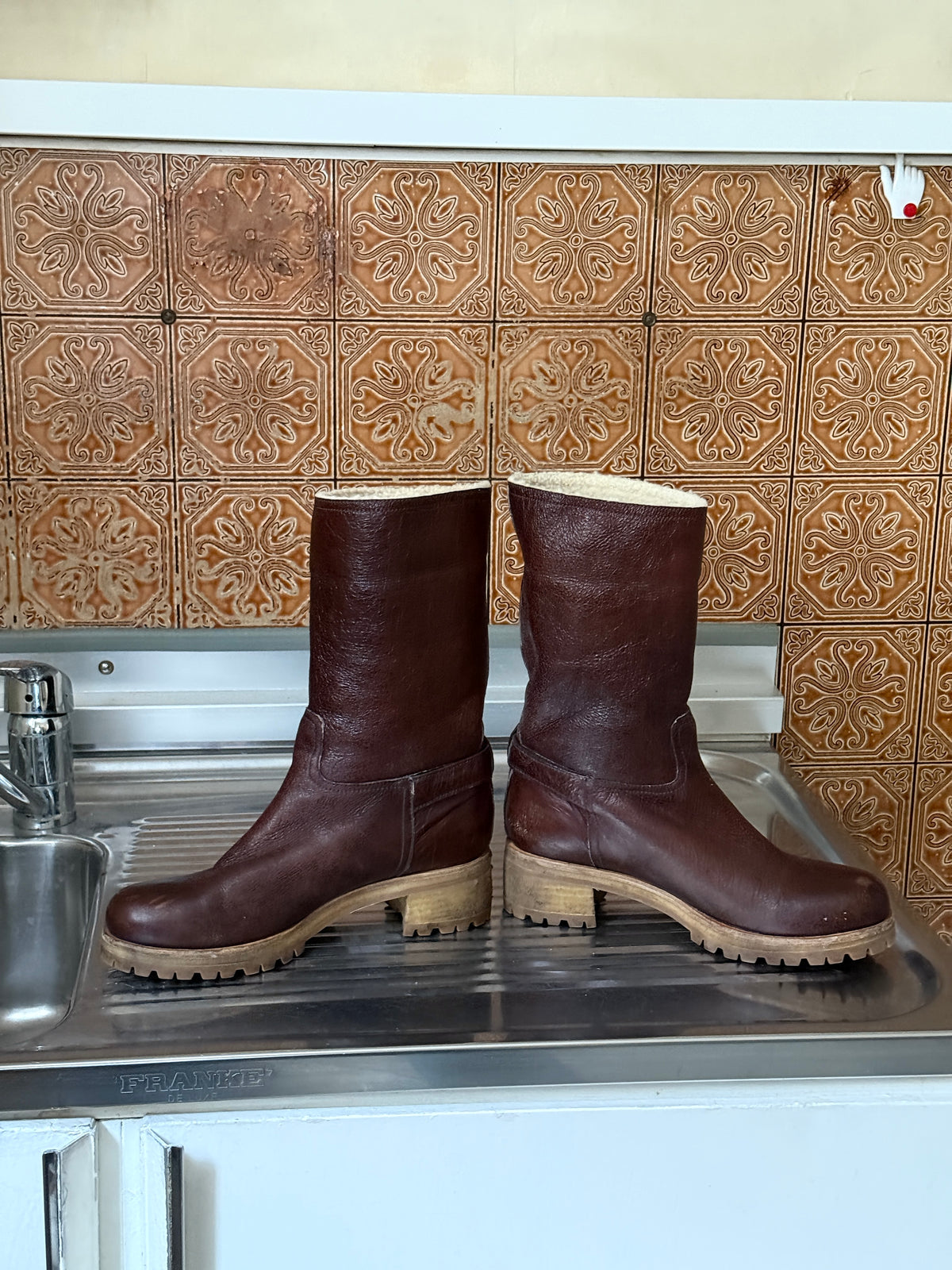 2000s Prada Brown Distressed Leather Engineer Boots with Faux Shearling Lining – EU 39