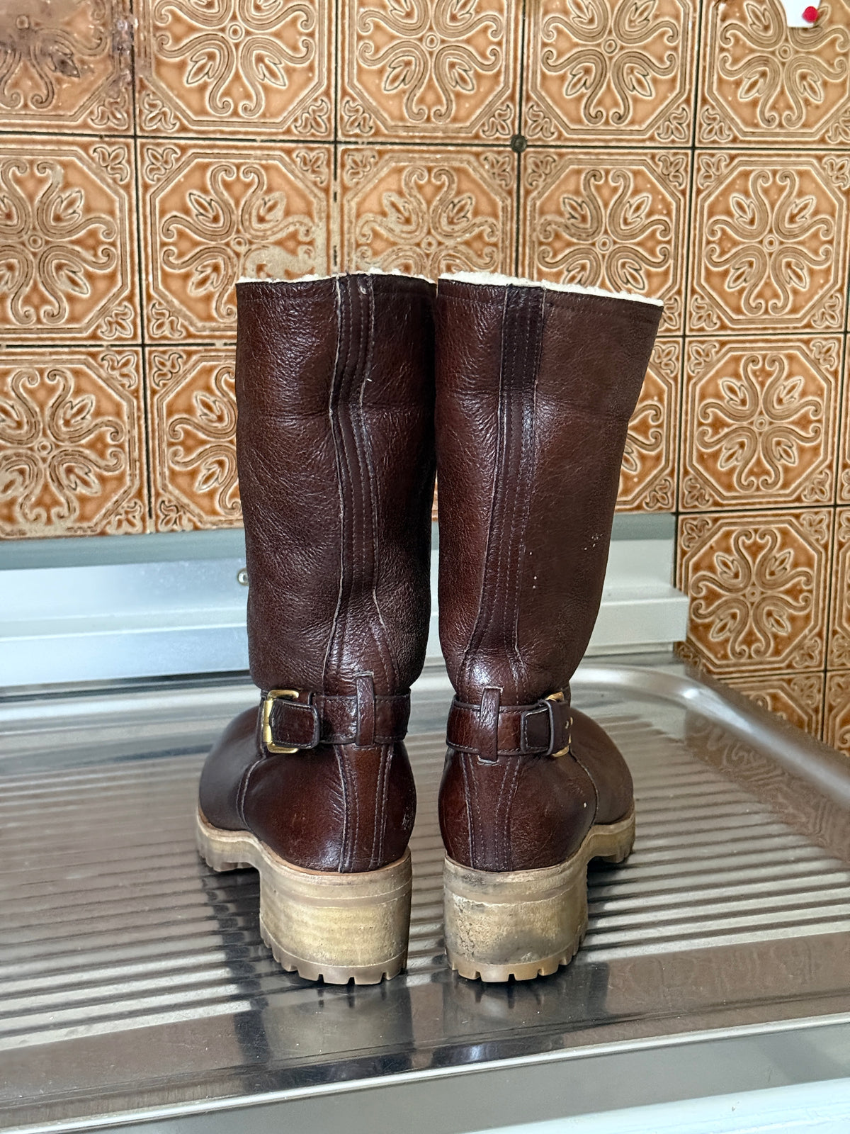 2000s Prada Brown Distressed Leather Engineer Boots with Faux Shearling Lining – EU 39