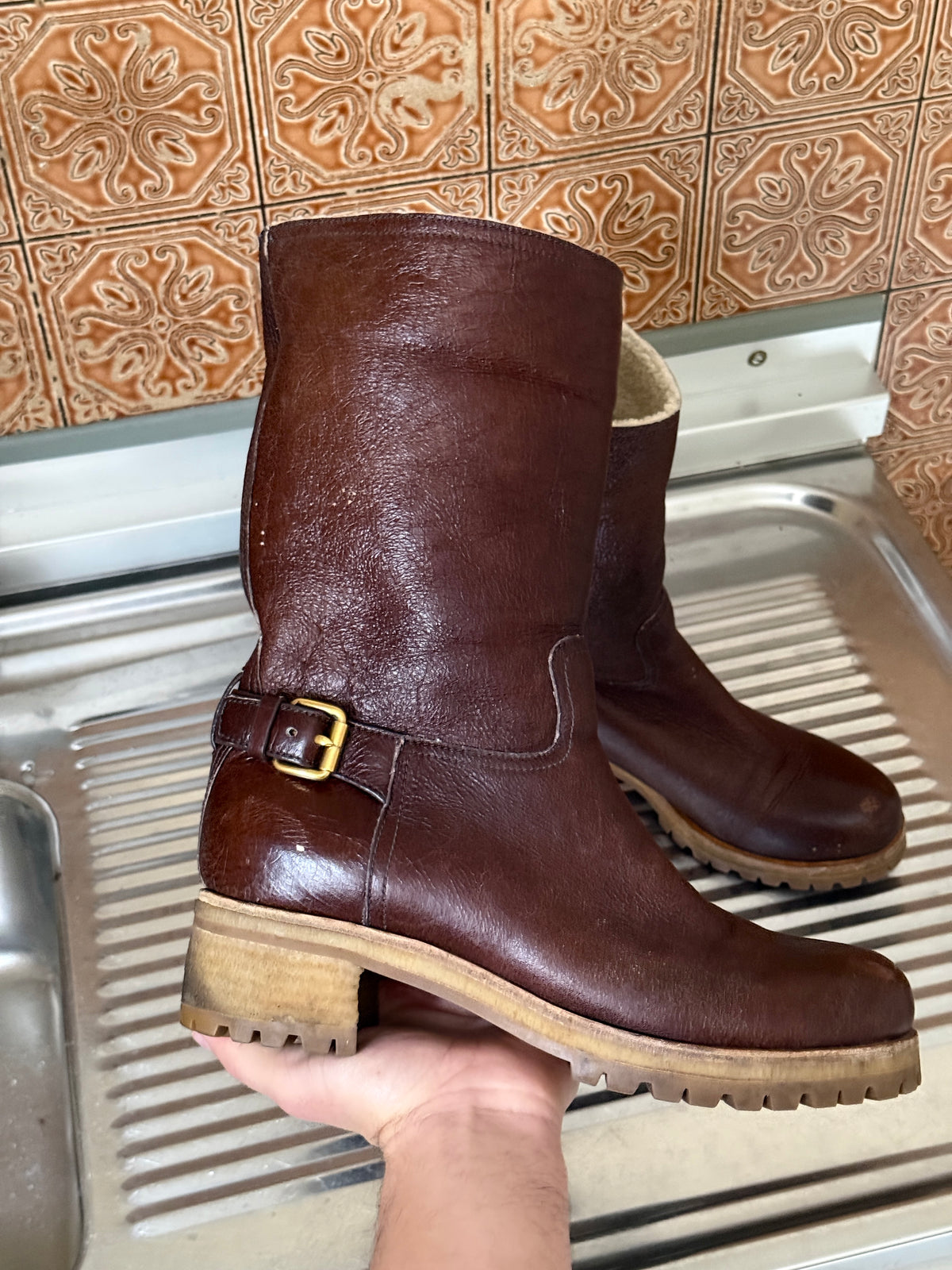 2000s Prada Brown Distressed Leather Engineer Boots with Faux Shearling Lining – EU 39