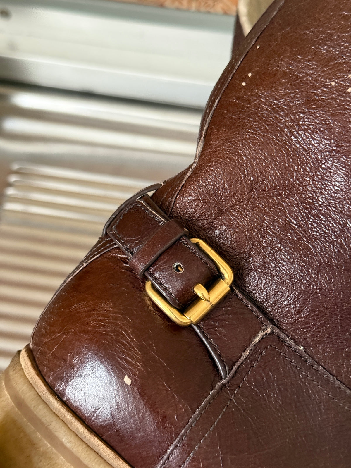 2000s Prada Brown Distressed Leather Engineer Boots with Faux Shearling Lining – EU 39