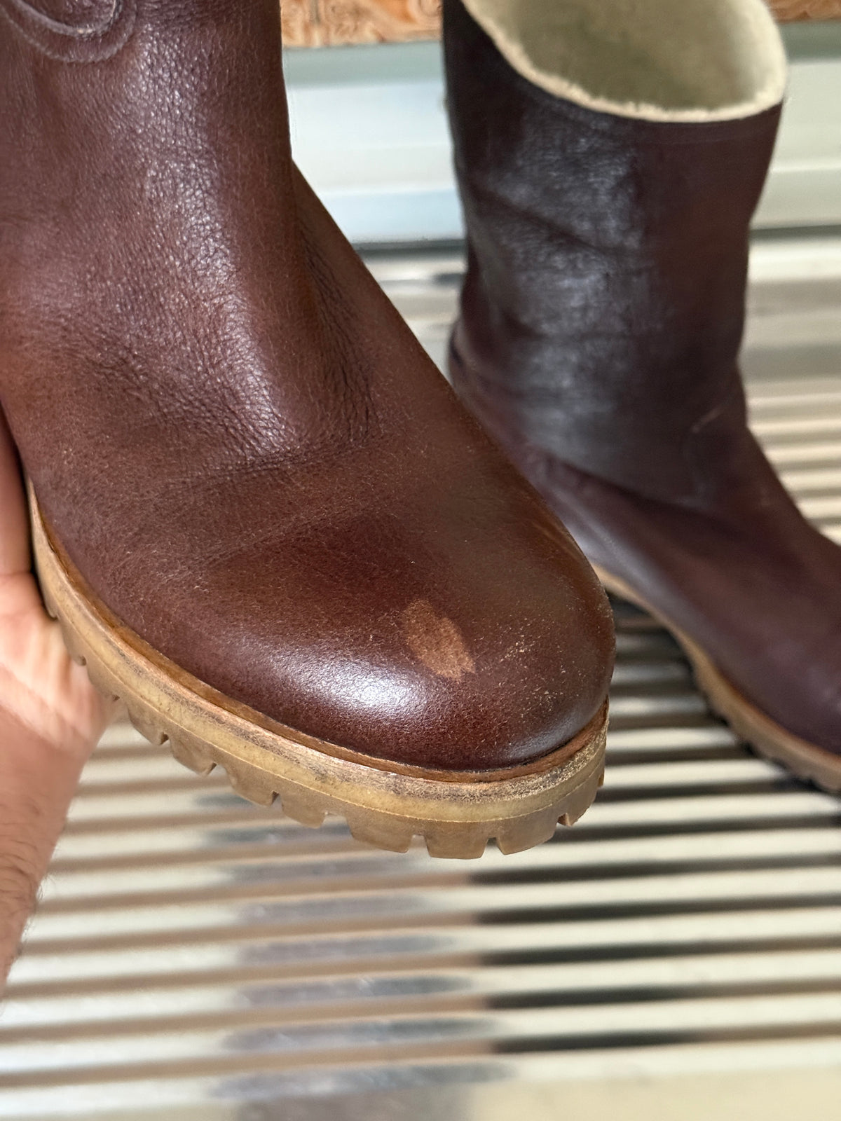 2000s Prada Brown Distressed Leather Engineer Boots with Faux Shearling Lining – EU 39