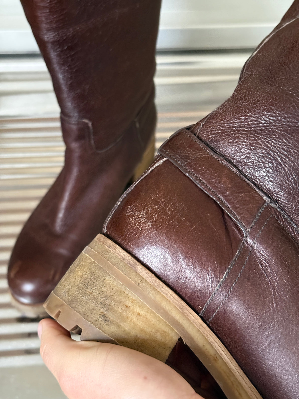 2000s Prada Brown Distressed Leather Engineer Boots with Faux Shearling Lining – EU 39