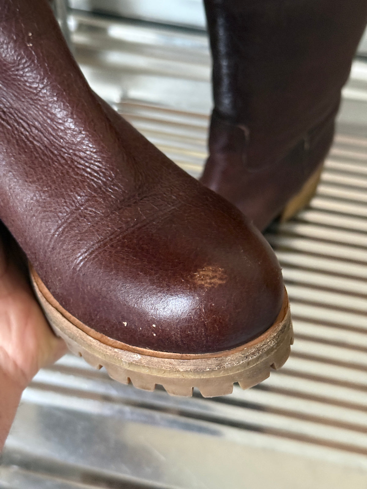 2000s Prada Brown Distressed Leather Engineer Boots with Faux Shearling Lining – EU 39