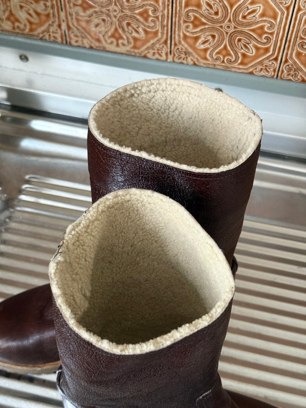 2000s Prada Brown Distressed Leather Engineer Boots with Faux Shearling Lining – EU 39