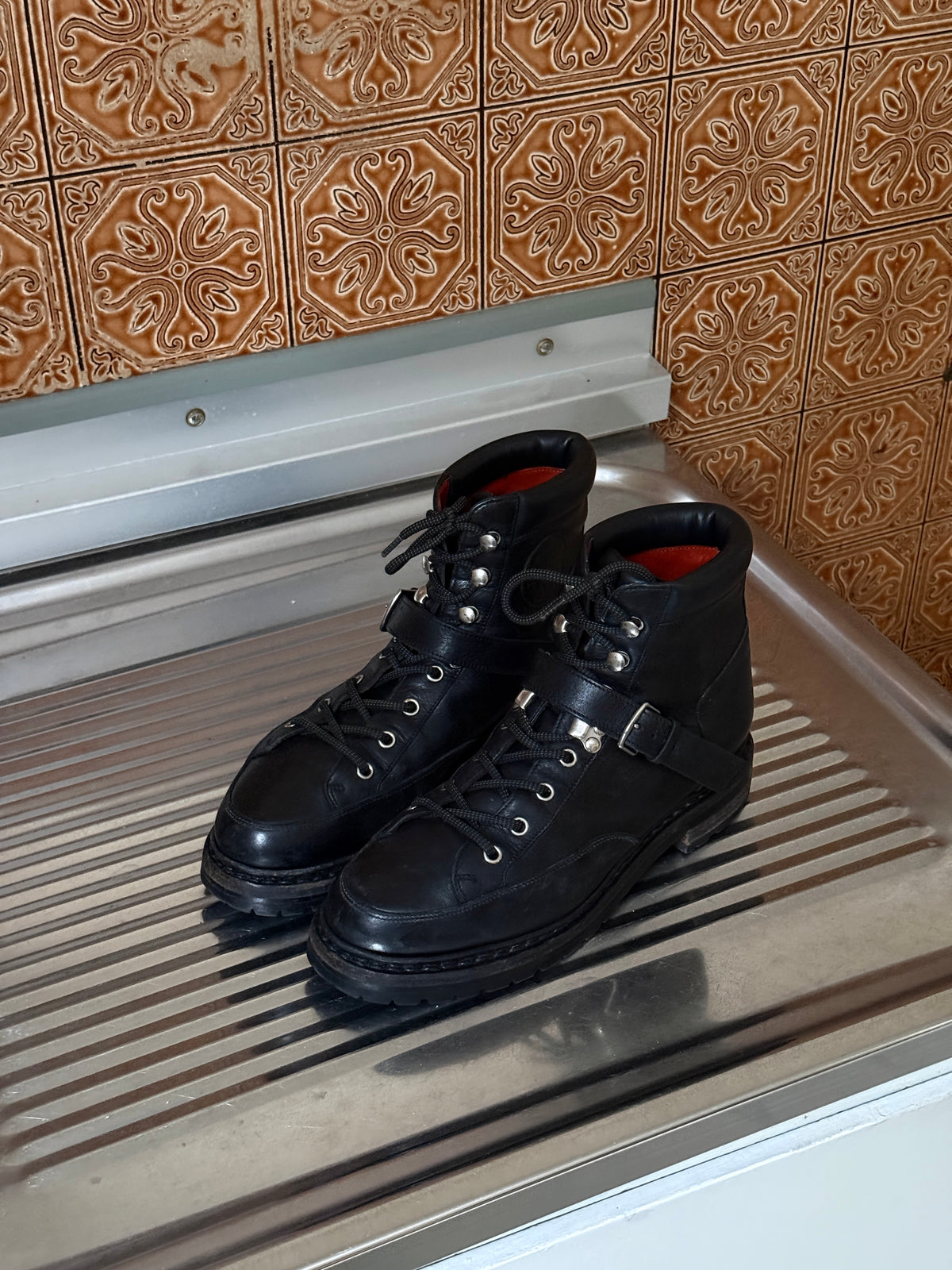 FW2013 Hermès Belted Calfskin Black Leather Lace Up Hiking Boots - EU 38.5