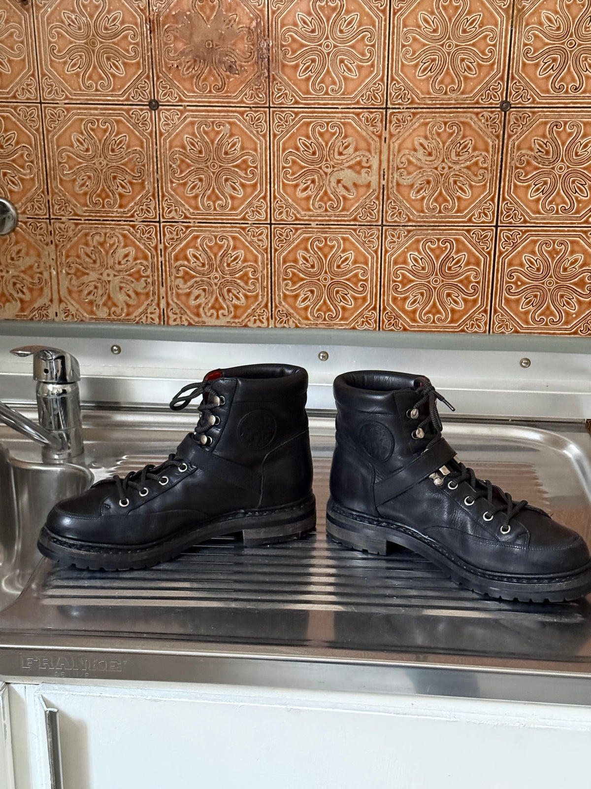 FW2013 Hermès Belted Calfskin Black Leather Lace Up Hiking Boots - EU 38.5