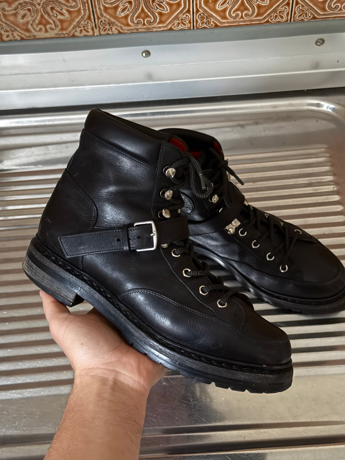 FW2013 Hermès Belted Calfskin Black Leather Lace Up Hiking Boots - EU 38.5