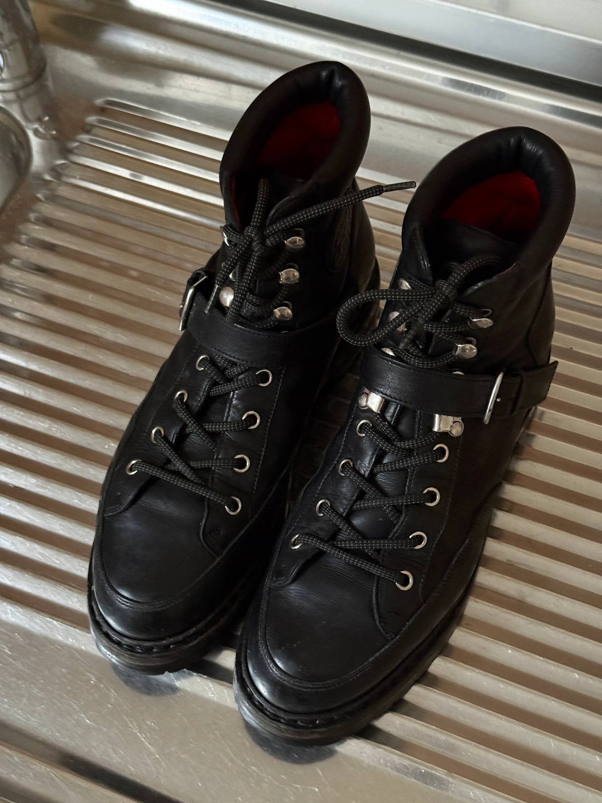 FW2013 Hermès Belted Calfskin Black Leather Lace Up Hiking Boots - EU 38.5