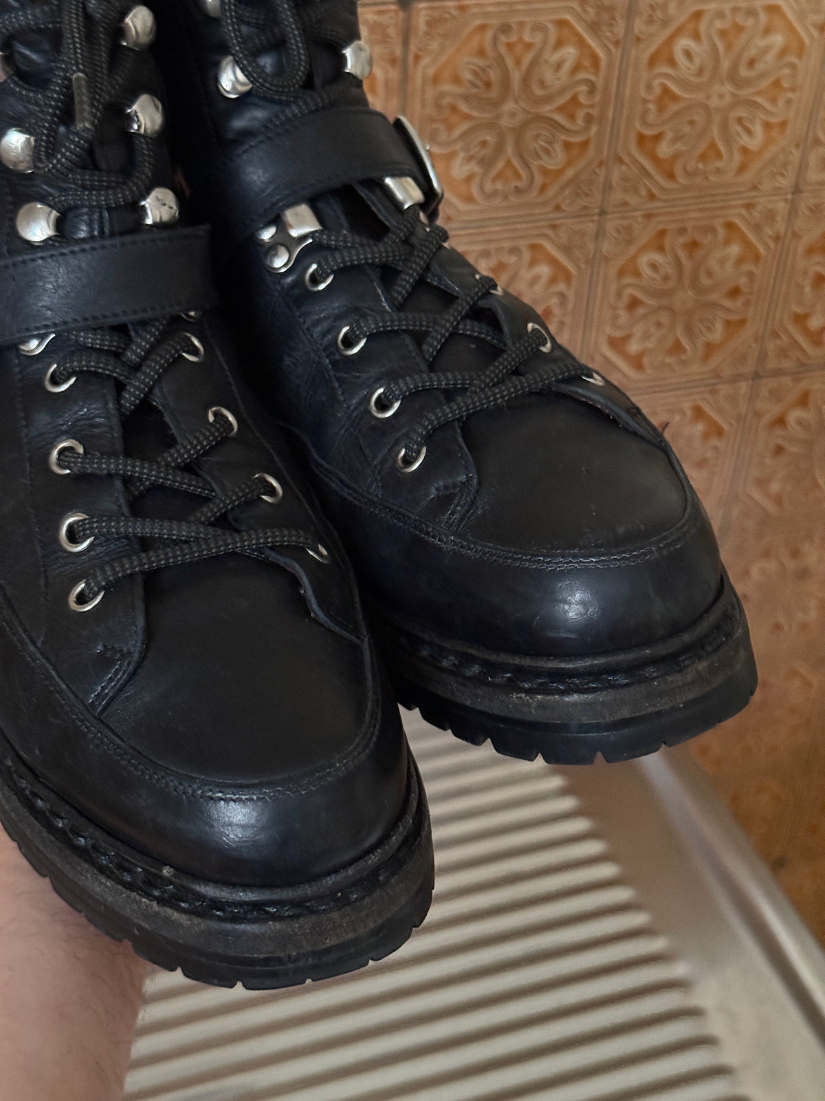 FW2013 Hermès Belted Calfskin Black Leather Lace Up Hiking Boots - EU 38.5