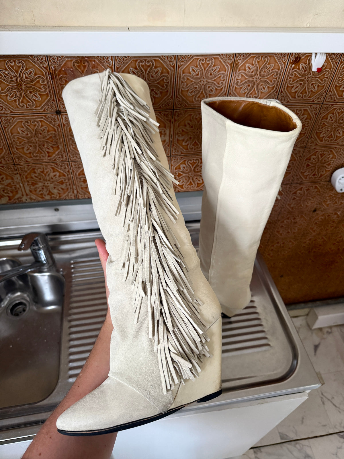 FW2011 Isabelle Marant Manly Two Tone Lokyo Fringe Leather Boots White - EU 39