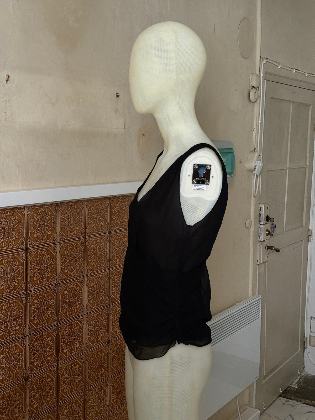 Vintage 1990s Genny Silk Sheer Black Ruffle Top - S