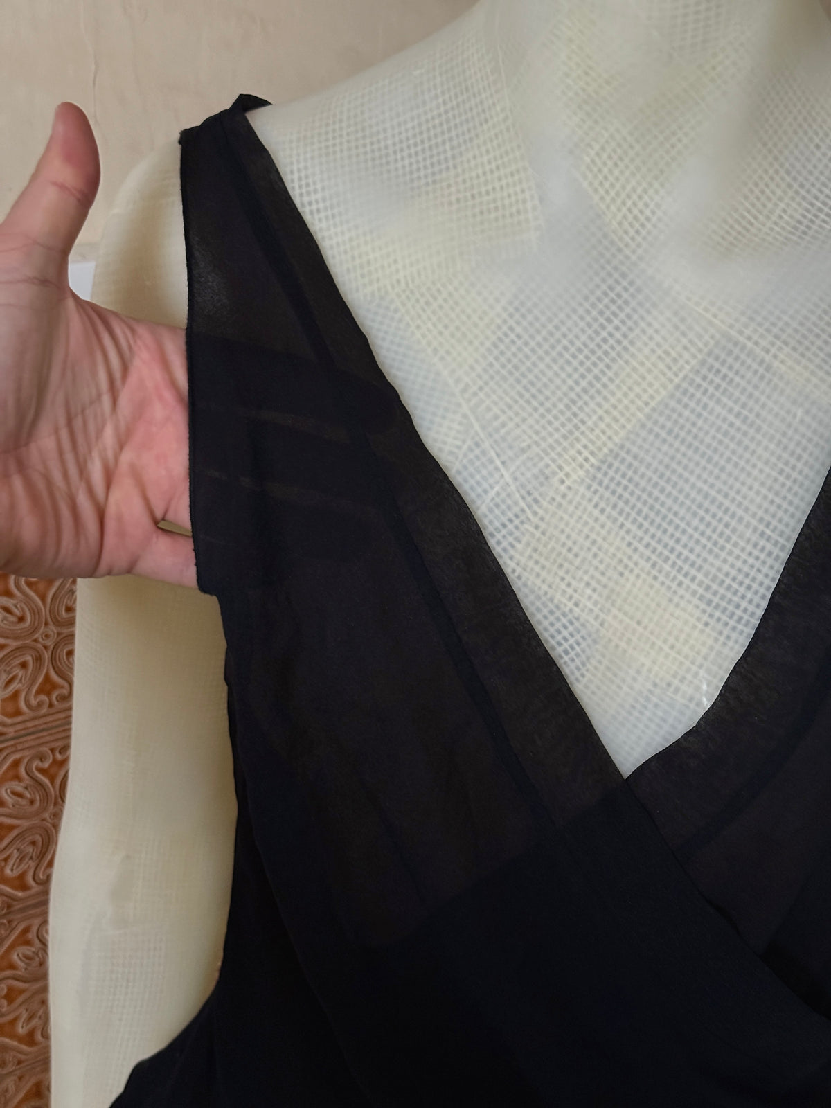 Vintage 1990s Genny Silk Sheer Black Ruffle Top - S