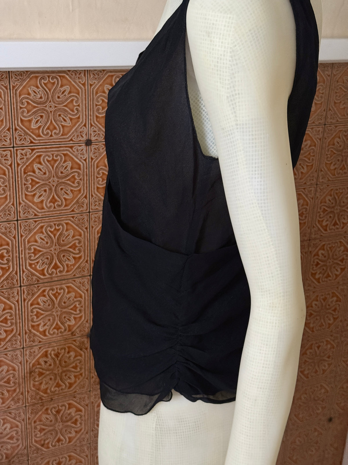 Vintage 1990s Genny Silk Sheer Black Ruffle Top - S