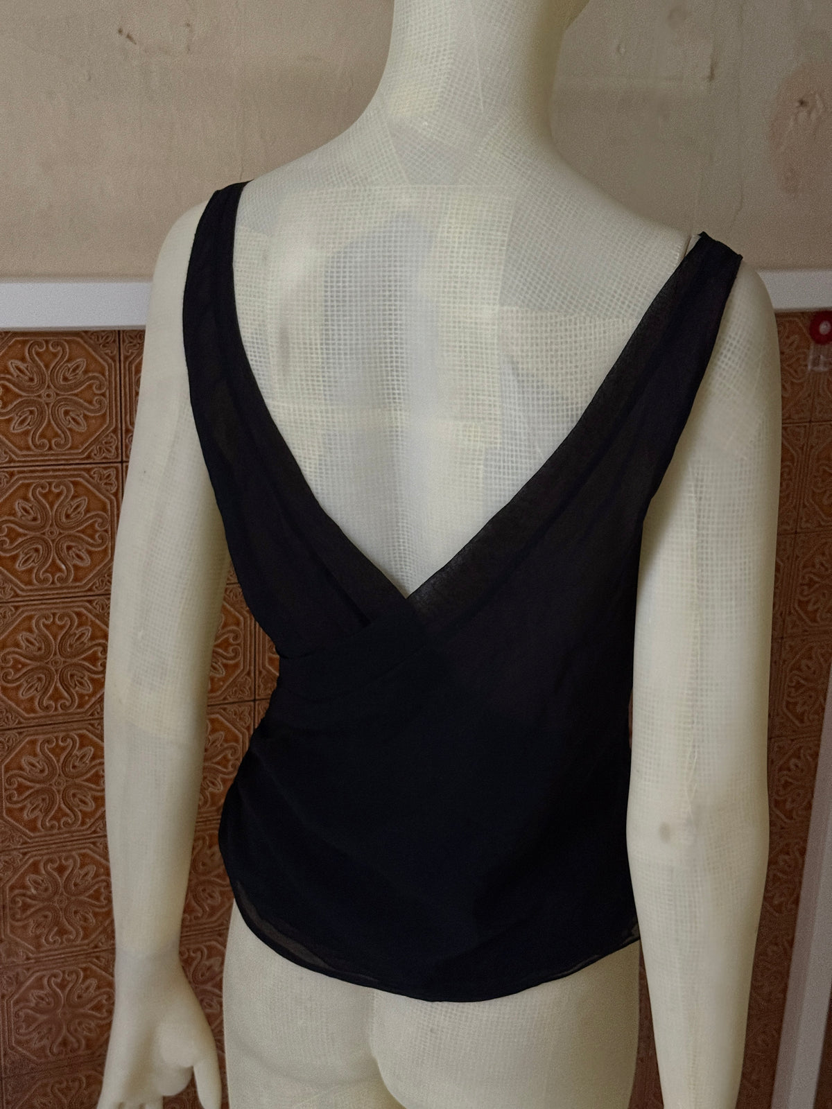 Vintage 1990s Genny Silk Sheer Black Ruffle Top - S