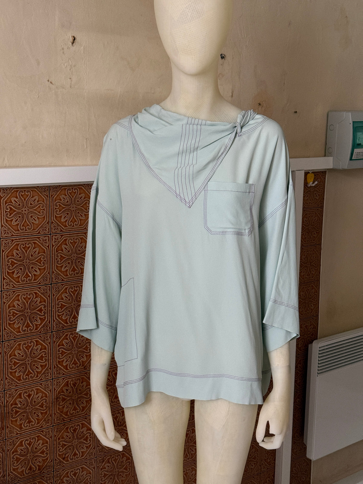 Marni Turquoise Silk-Blend Oversized Blouse with Detachable Scarf - L