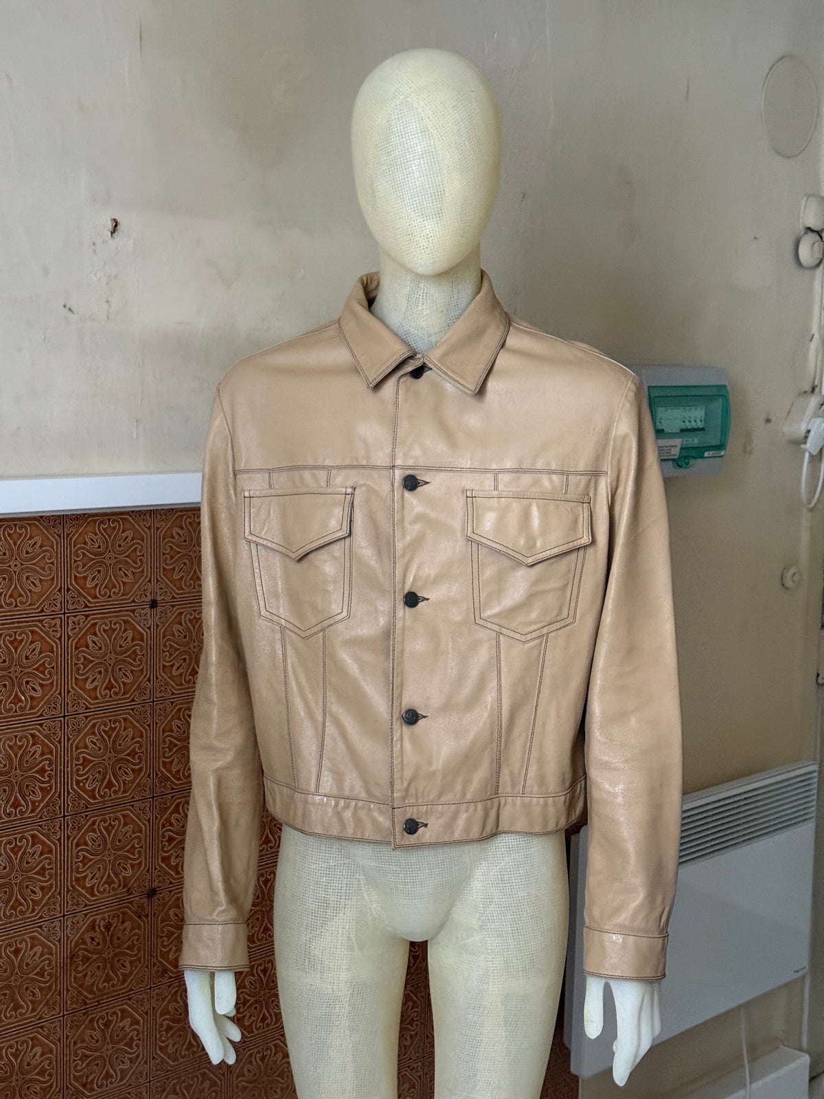 Vintage 2000s Armani Jeans Beige Leather Trucker Jacket - XL