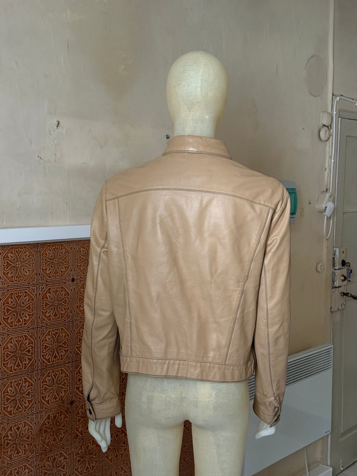 Vintage 2000s Armani Jeans Beige Leather Trucker Jacket - XL