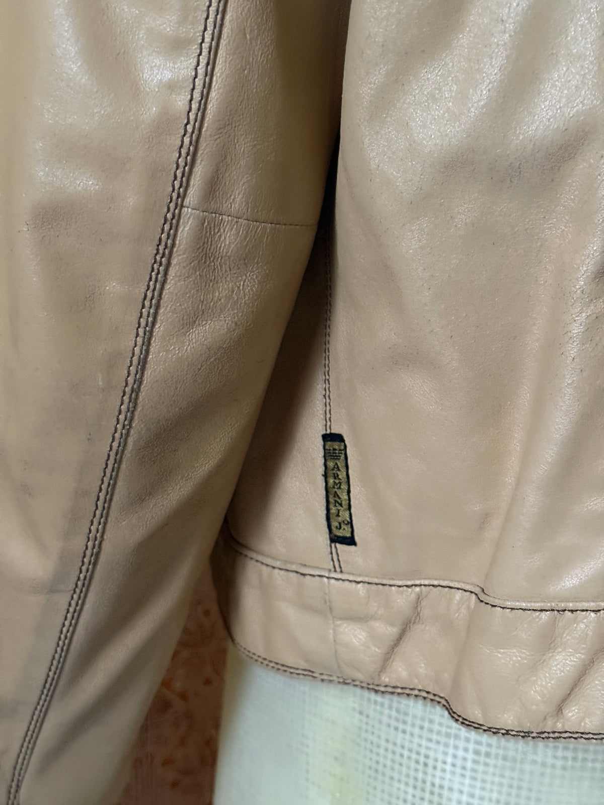 Vintage 2000s Armani Jeans Beige Leather Trucker Jacket - XL