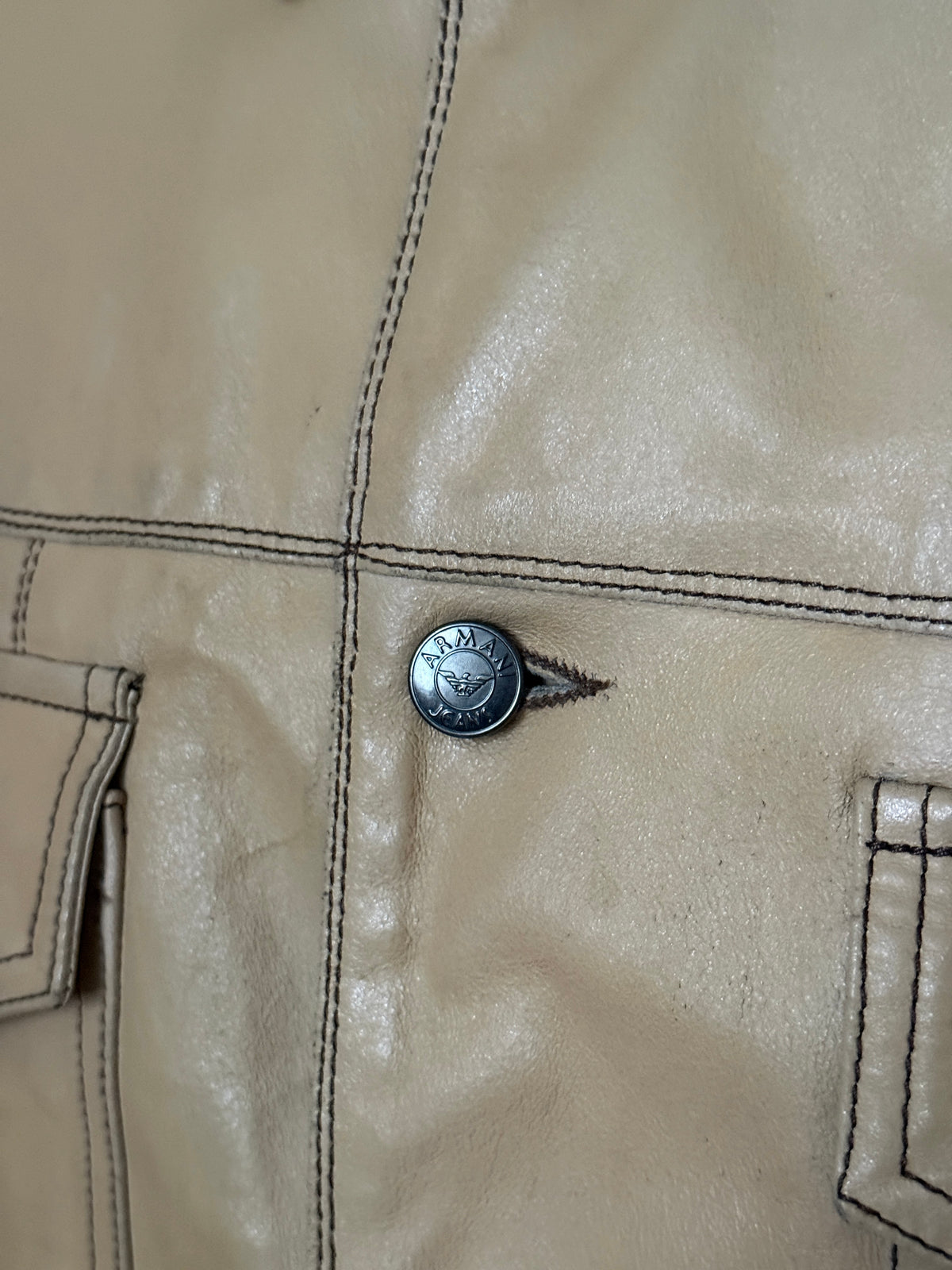 Vintage 2000s Armani Jeans Beige Leather Trucker Jacket - XL