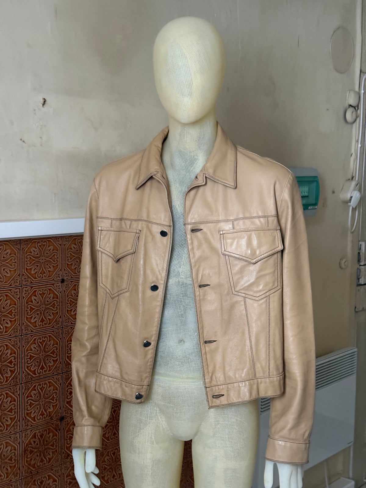 Vintage 2000s Armani Jeans Beige Leather Trucker Jacket - XL