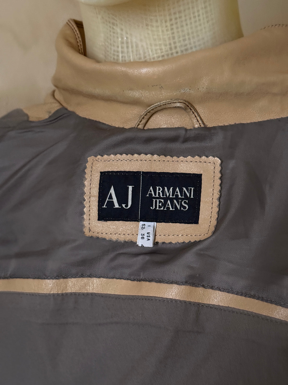 Vintage 2000s Armani Jeans Beige Leather Trucker Jacket - XL