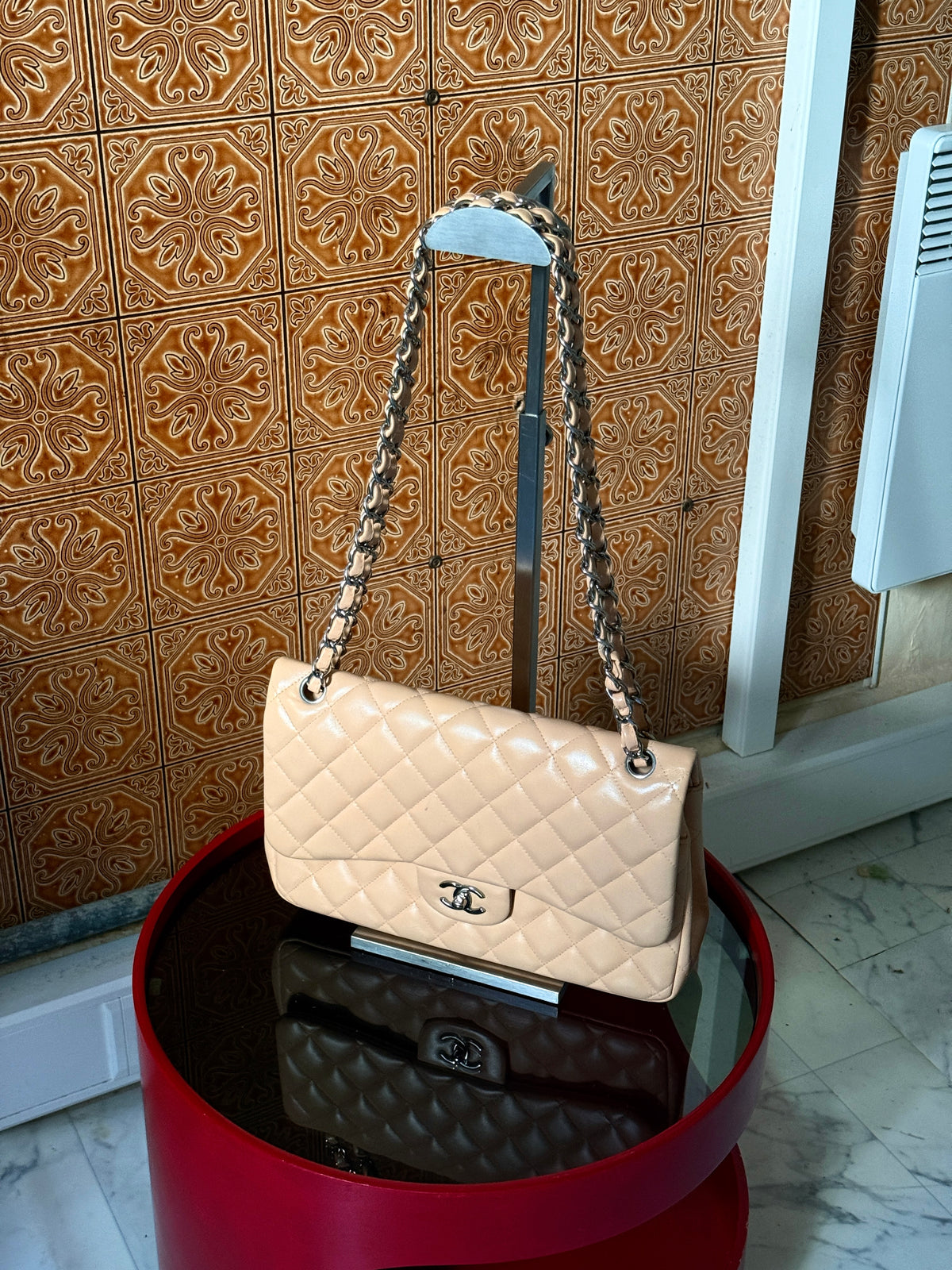 Chanel Beige Clair Quilted Double Flap Lambskin Jumbo Bag (14th Series)