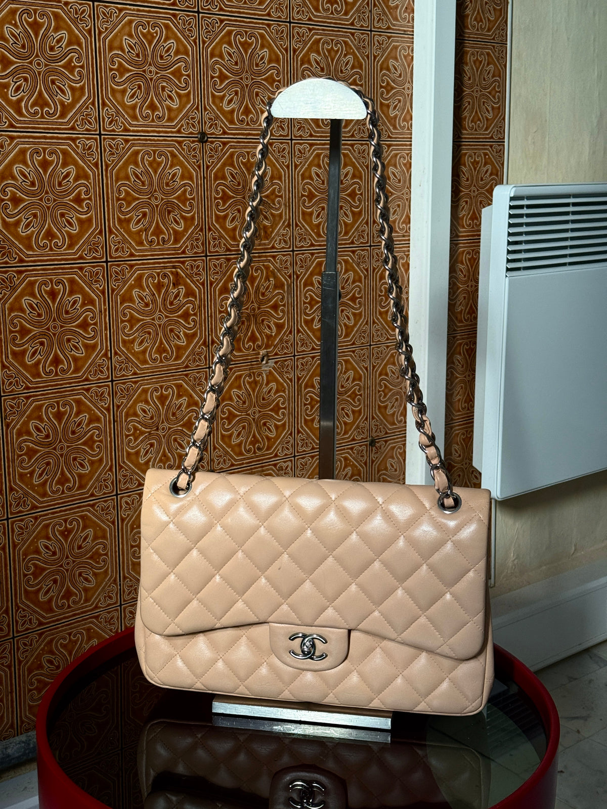 Chanel Beige Clair Quilted Double Flap Lambskin Jumbo Bag (14th Series)