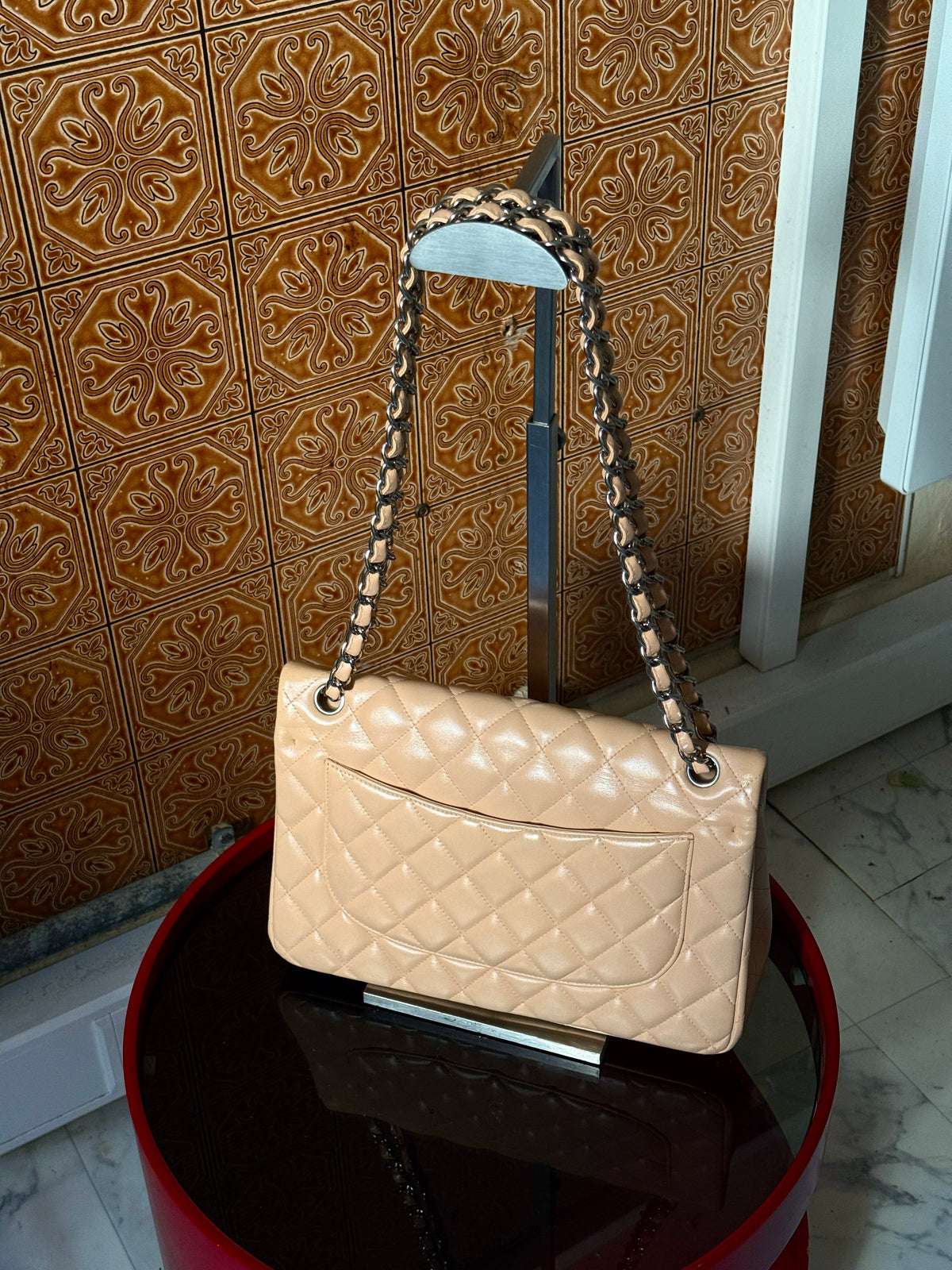 Chanel Beige Clair Quilted Double Flap Lambskin Jumbo Bag (14th Series)
