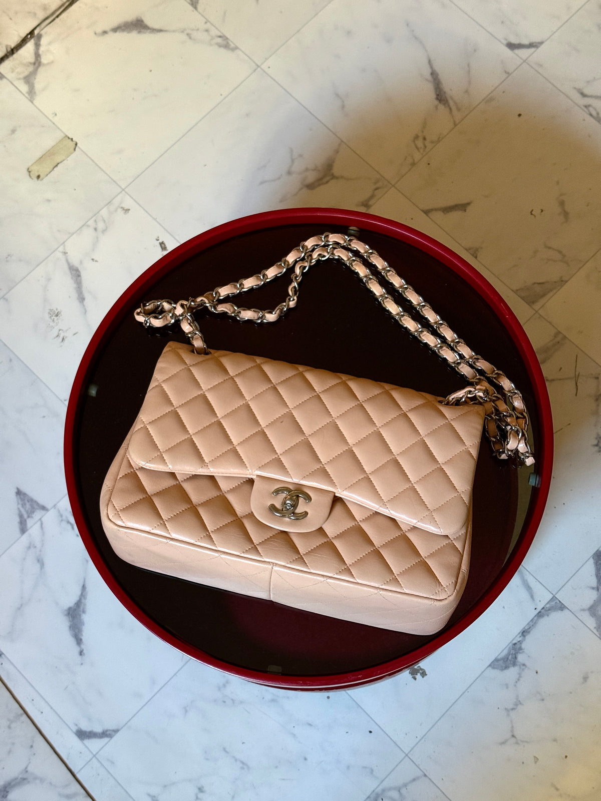Chanel Beige Clair Quilted Double Flap Lambskin Jumbo Bag (14th Series)